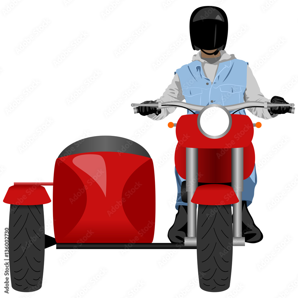 Fototapeta premium Color classic sidecar motorcycle with rider wearing sleeveless jacket, hoodie, black leather gloves and helmet front view isolated on white vector illustration