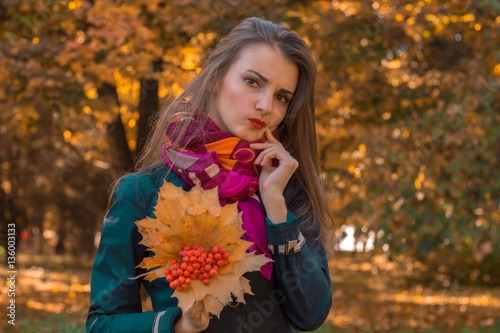 attractive girl stands in the autumn park holds a bouquet of leaves in her hand and looking forward