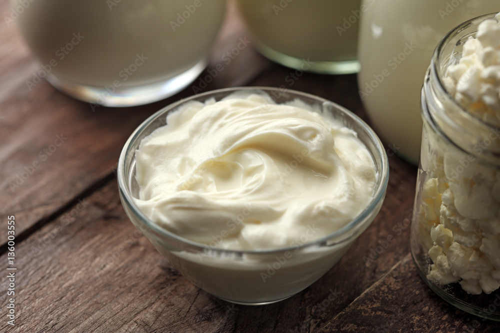 milk products - tasty healthy dairy products on a table on: sour milk products - tasty healthy dairy products on a table on: sour