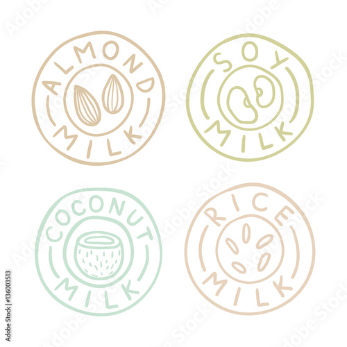 Almond, soy, coconut, rice milk badges. Vector EPS10 hand drawn illustration