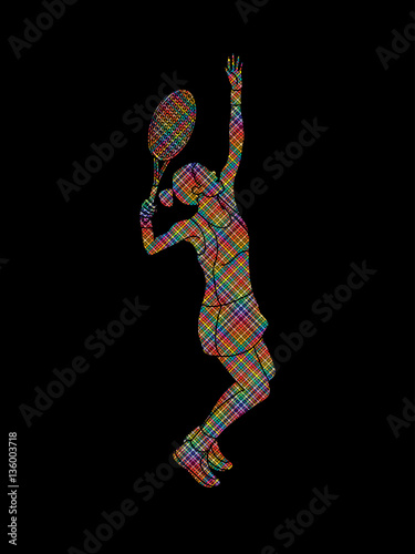 Woman tennis player serve designed using colorful pixels graphic vector. © sila5775