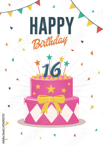 Birthday greeting and invitation card with sweet 16 birthday cake illustration.