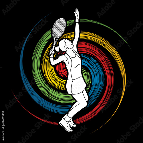 Woman tennis player serve designed on spin wheel background graphic vector.