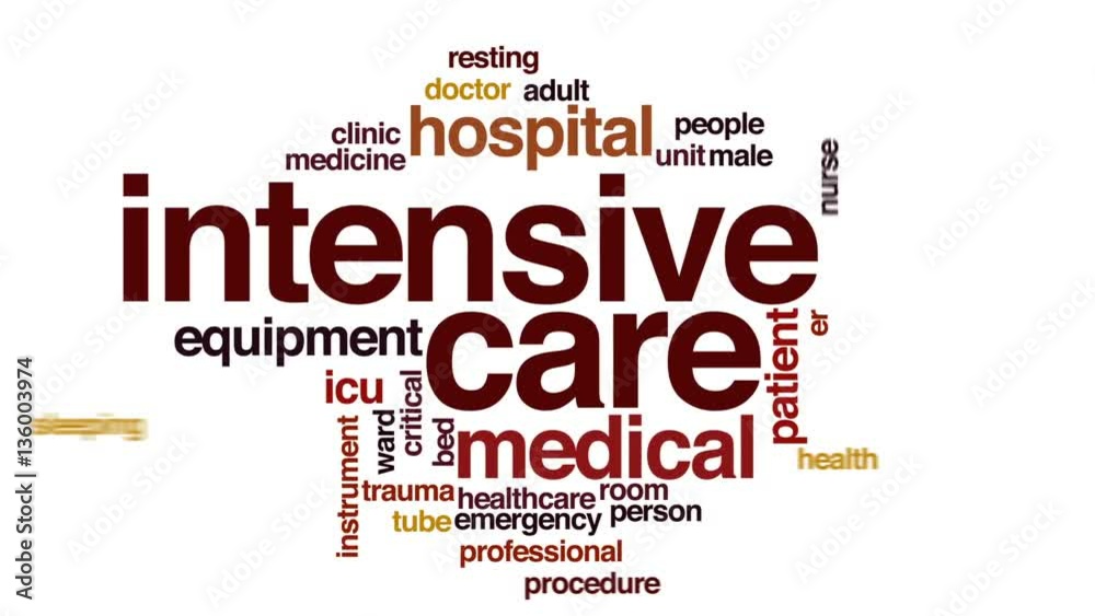 Intensive care animated word cloud, text design animation. Intensive care animated word cloud, text design animation.