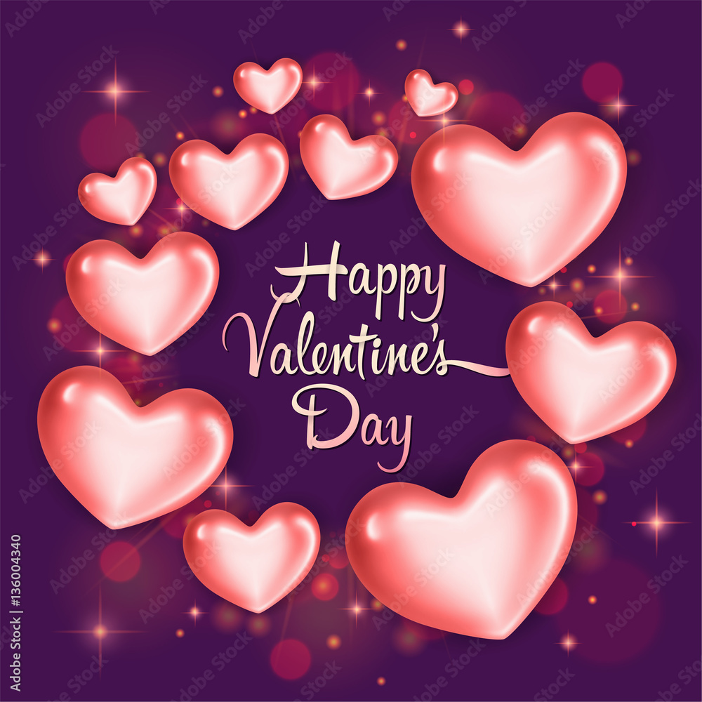Elegant greeting card with glossy pink hearts. Happy Valentine's Day celebration. Vector illustration