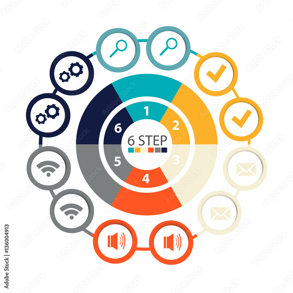 Modern circular infographics of 6 steps, segments for annual reports, charts, presentations, web design Modern circular infographics of 6 steps, segments for annual reports, charts, presentations, web design