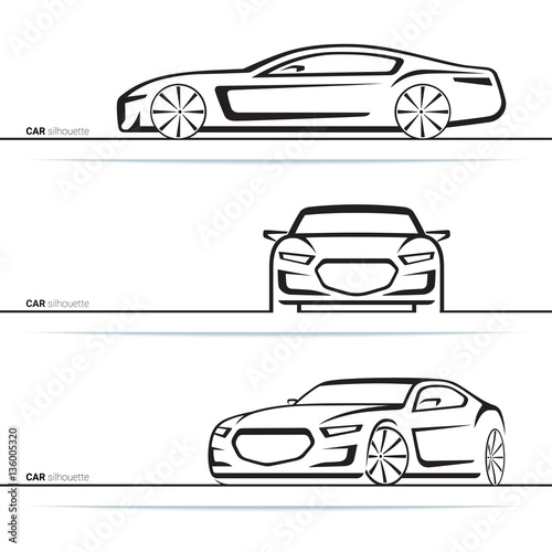Vector car silhouettes set. Front, three-quarter and side view. Abstract hand-drawn modern vehicle isolated on white background