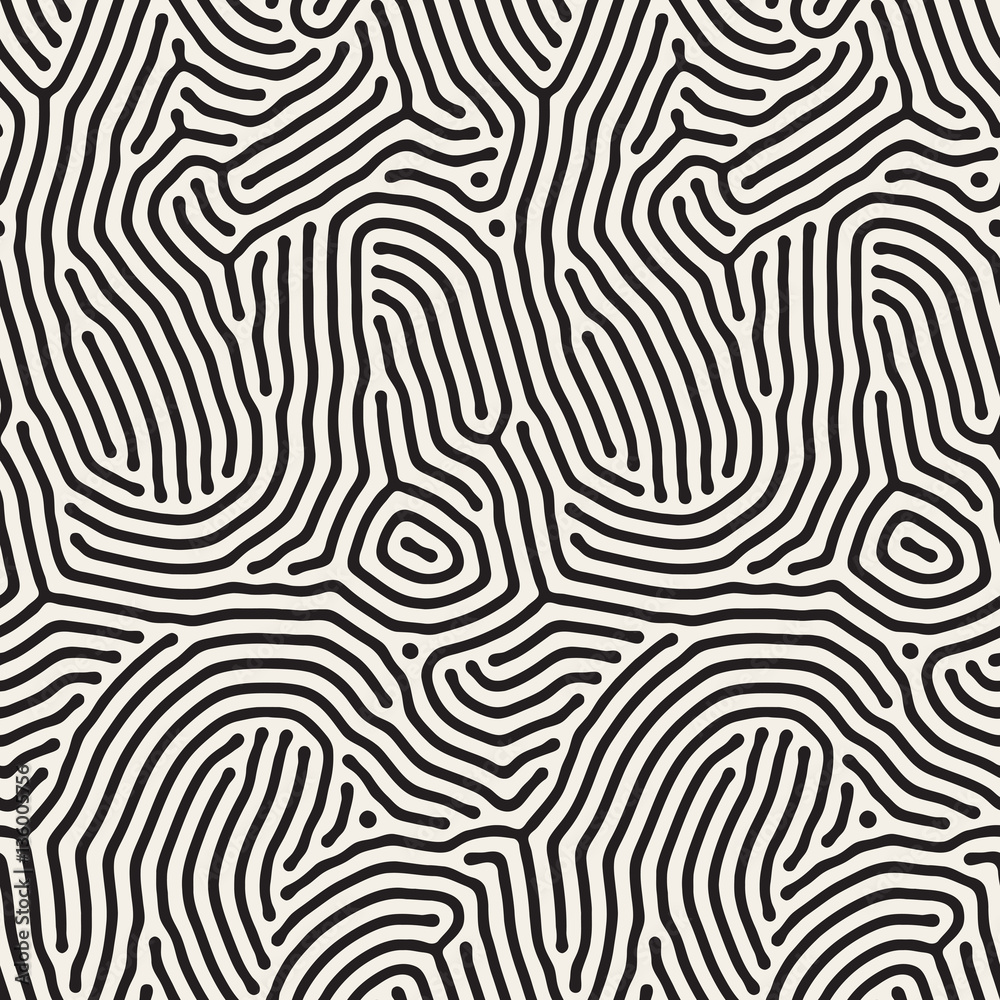 Organic Irregular Rounded Lines. Vector Seamless Black and White Pattern.