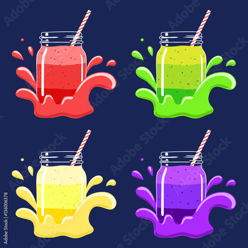Set of 4 fruit and berry layered smoothies in mason jars with striped straws in a splash of yoghurt. Fresh natural berry drink, isolated. Vector hand drawn illustration eps10.
