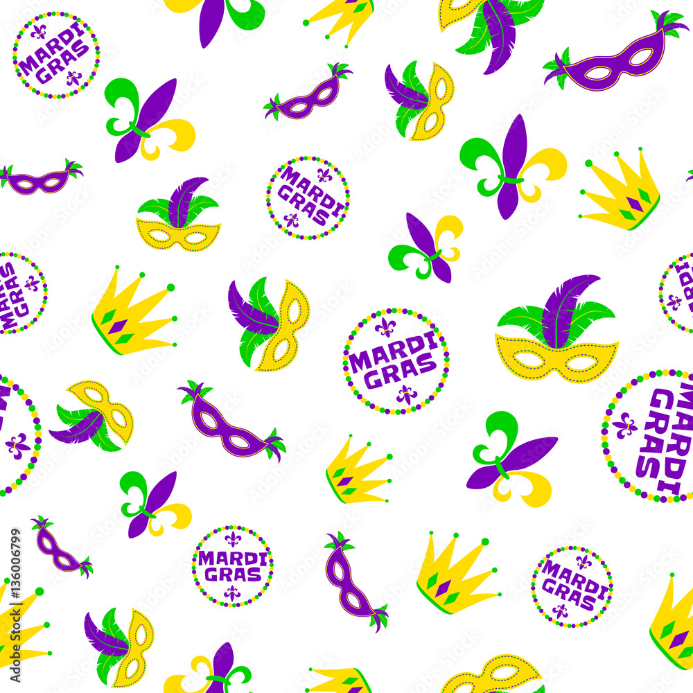 Obraz premium Vector illustration of cartoon seamless pattern with carnival party colored mask