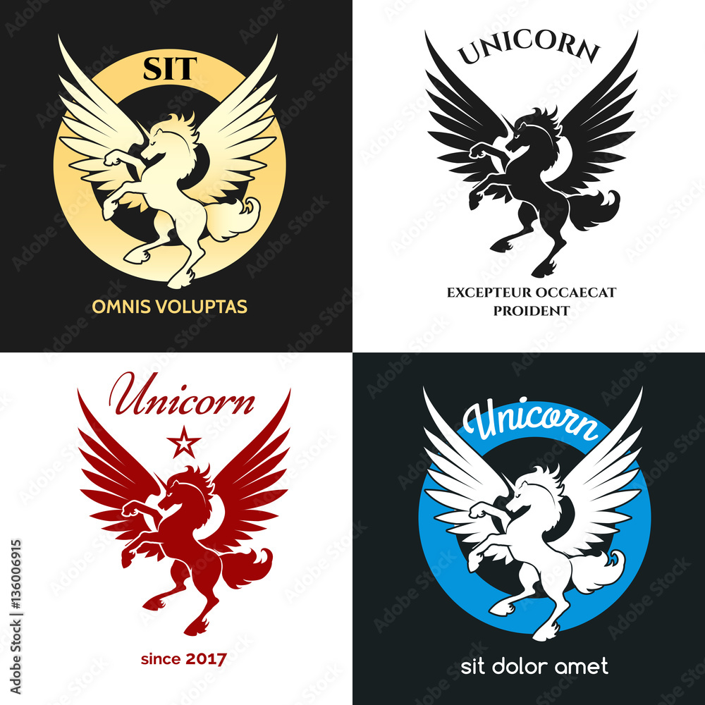 Obraz premium Unicorn logo vector illustration. Isolated miracle horse or myth stallion silhouette emblem