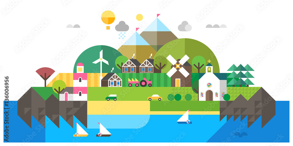 Postcard for tourism sign icon. Vector illustration of the island with a lighthouse. Mountaine landscape