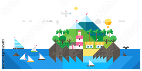 Island landscape. Tourist huts on the coast, tourist village near the mountains. Vacation, relaxation, ocean, sun, palms. Vector flat illustration