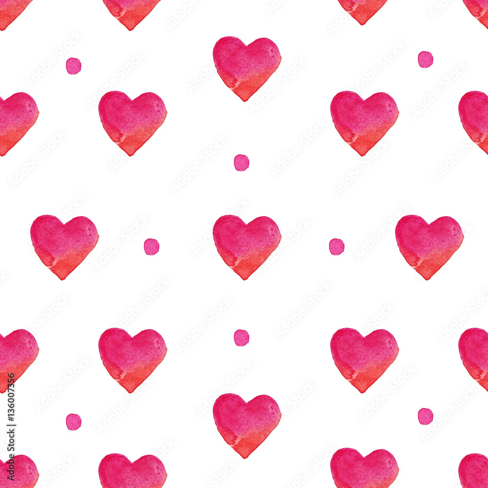 Pink hearts and dots on a white background. Seamless pattern. Watercolor illustration