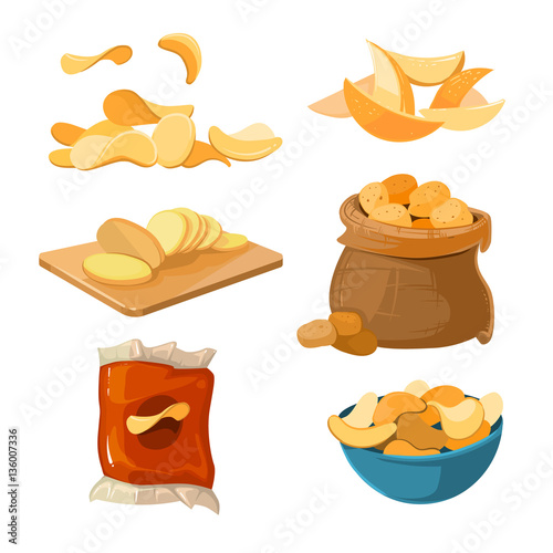 Salty fried potato chips snacks vector set