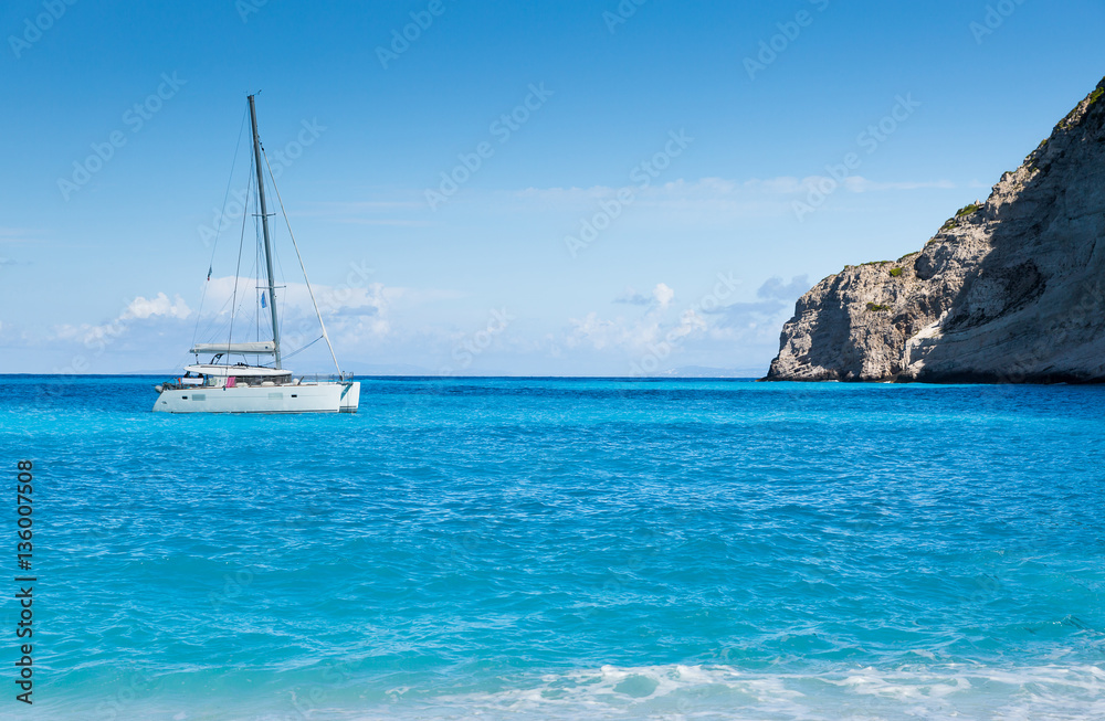White catamaran in the Blue Lagoon White catamaran in the Blue Lagoon