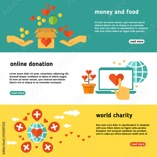 Nonprofit, charity, philanthropy, donate, giving donation, social help vector banners set