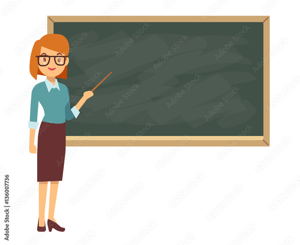 Young female teacher on lesson at blackboard in classroom Young female teacher on lesson at blackboard in classroom