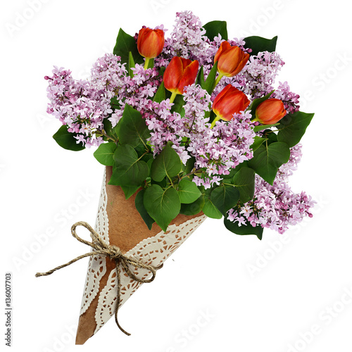 Lilac and tulip flowers bou...