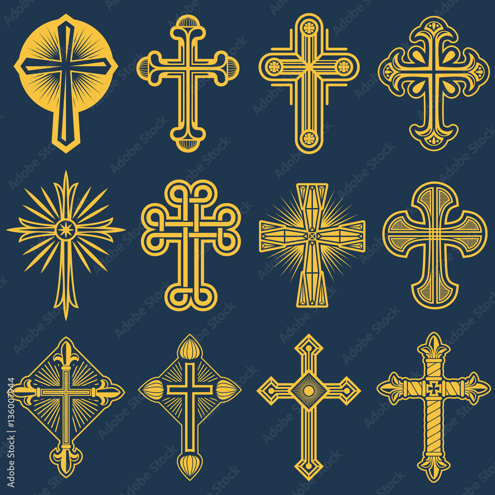 Fototapeta premium Gothic catholic cross vector icons, catholicism symbol