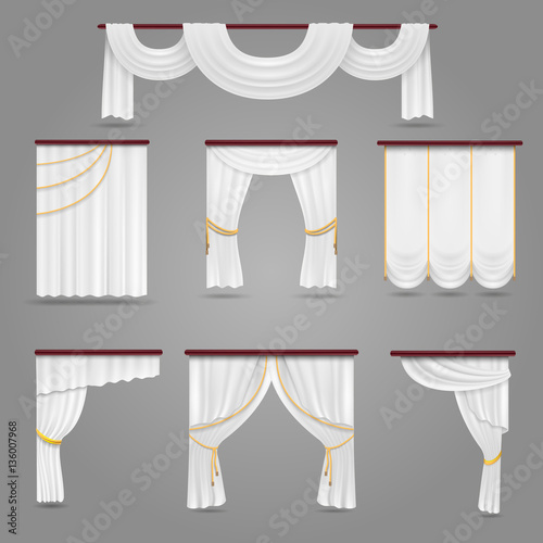 White curtains drapery for wedding room and windows vector set