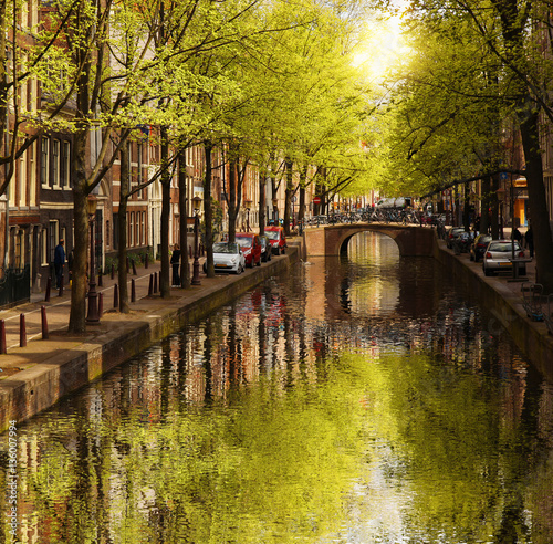 Amsterdam with green canal in the downtown, Holland