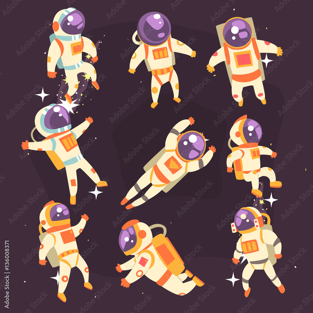 Astronaut In Space Suit Floating In Open Space In Different Positions Set Of Illustrations, Astronaut In Space Suit Floating In Open Space In Different Positions Set Of Illustrations,