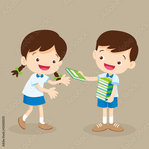 student boy give a book to friend.