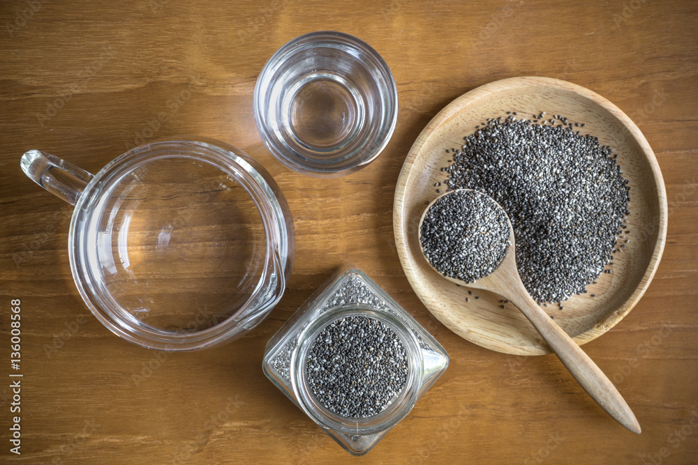 Top View of Chia Seeds on Wooden Plate Top View of Chia Seeds on Wooden Plate