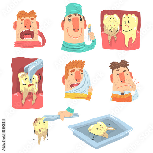 Funny Cartoon Dentist And Patient Illustration Series With Dental Care Procedures And Humanized Teeth Characters