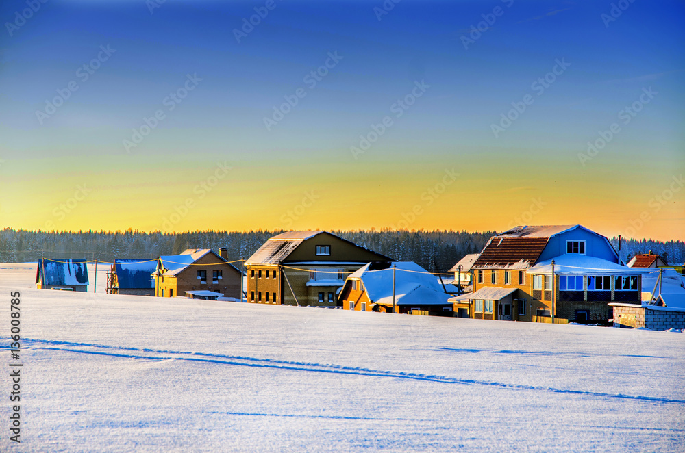Winter landscape, cottages