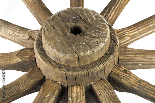  Hub and Spokes of Wooden Weathered Ornamental Wagon Wheel photo