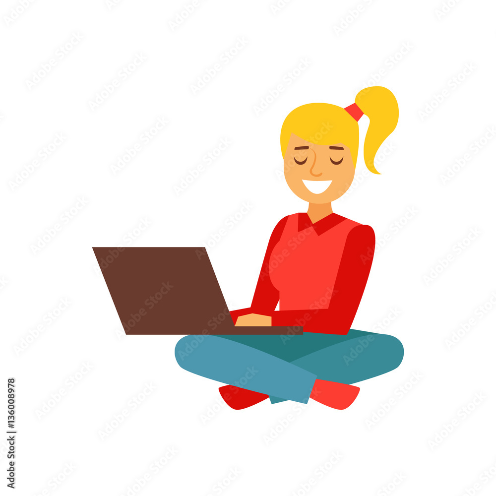 Girl Sitting With Lap Top On The Floor With Legs Crossed, Person Being Online All The Time Obsessed With Gadget