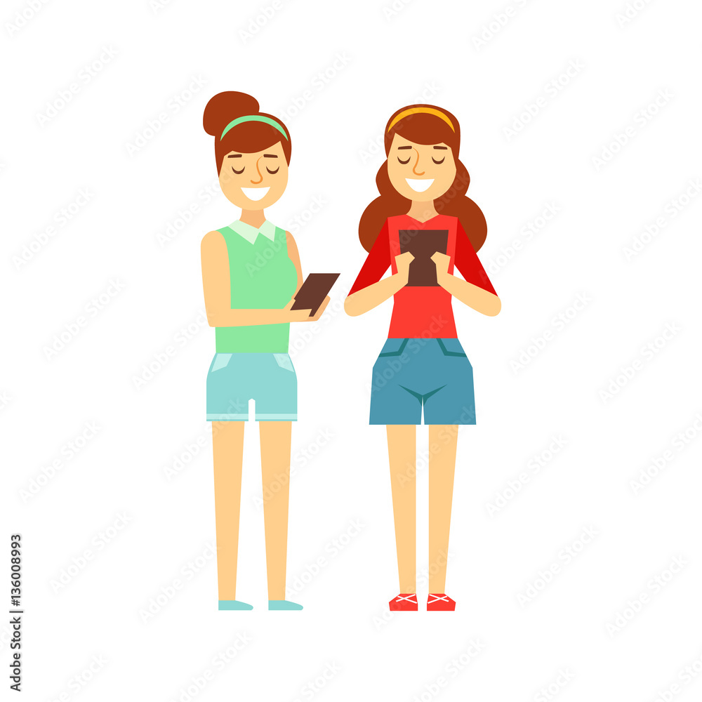 Two Girls Tooking At Their Tablets Standing, Person Being Online All The Time Obsessed With Gadget Two Girls Tooking At Their Tablets Standing, Person Being Online All The Time Obsessed With Gadget