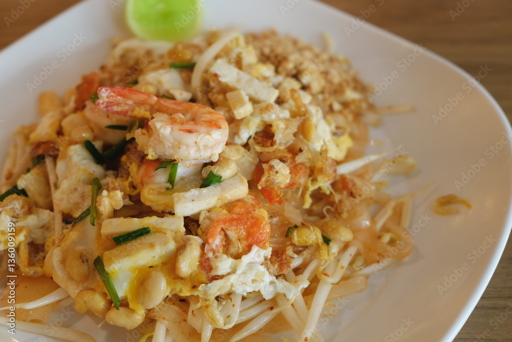 Closeup pad thai noodle , Stir fry noodles in thai food style, healthy concept