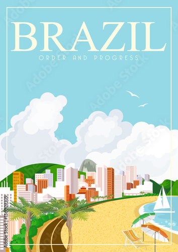 Vector travel poster of Brazil with colorful modern design, brazilian landscape and monuments. Rio de Janeiro advertising card with statue of Jesus. Carnival of Samba. Brazilian football symbols