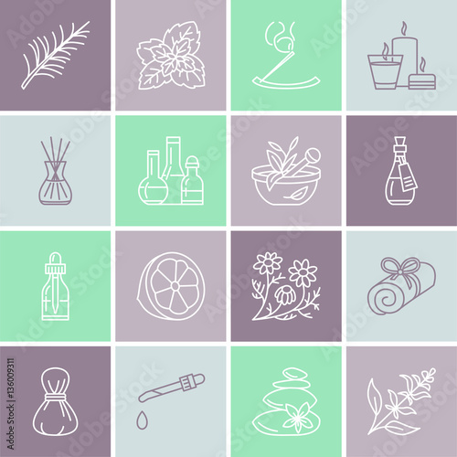 Essential oils aromatherapy vector line icons set. Elements - aroma therapy diffuser, oil burner, candles, incense sticks. Linear pictogram with editable strokes for spa salon.
