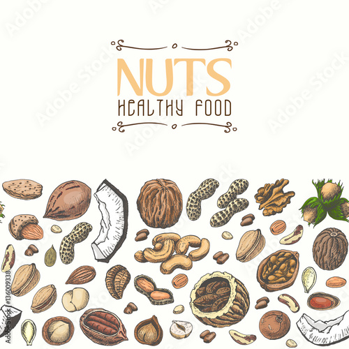 Horizontal seamless background with colored nuts and seeds