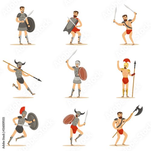 Gladiators Of Roman Empire Era In Historical Armor With Swords And Other Weapons Fighting On Arena Set Of Cartoon Characters