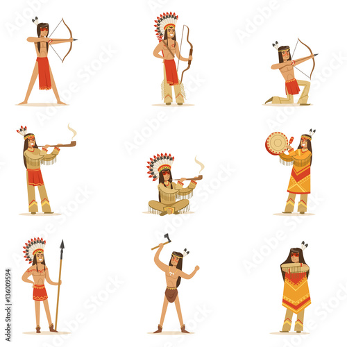 Native American Tribe Members In Traditional Indian Clothing With Weapons And Other Cultural Objects Set Of Cartoon Characters