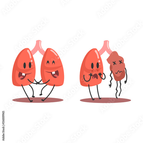 Lungs Human Internal Organ Healthy Vs Unhealthy, Medical Anatomic Funny Cartoon Character Pair In Comparison Happy Against Sick And Damaged