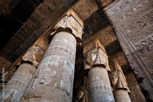 Pillars decorated with face of the Egyptian goddess Hathor in Dendera temple 