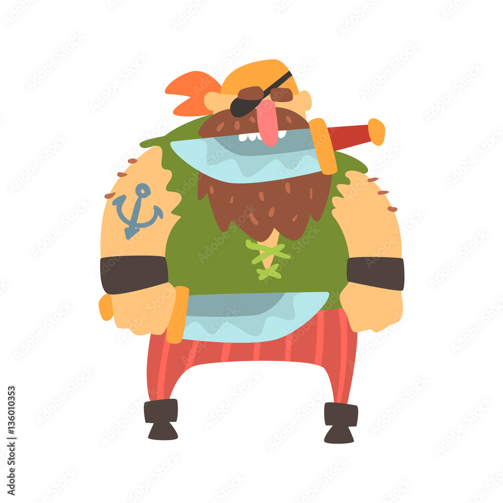 Scruffy Pirate With Eye Patch And Bandana Holding Knife In Teeth,  Filibuster Cut-Throat Cartoon Character Stock Vector | Adobe Stock