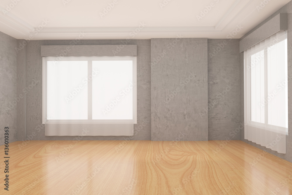 empty room in concrete wall and wood parquet floor in 3D rendering empty room in concrete wall and wood parquet floor in 3D rendering