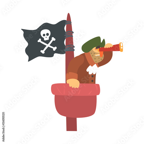 Scruffy Pirate On Mast Lookout With Pirate Flag And Looking Glass, Filibuster Cut-Throat Cartoon Character
