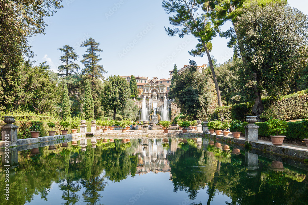 Range of plants and the pond at the garden of Villa d`Este, Tivoli near Roma, Lazio region, Italy.