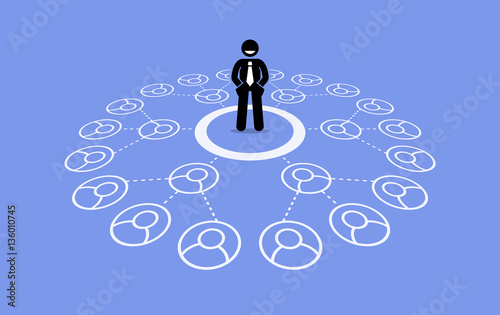 Multilevel marketing. Vector artwork depicts business network, downline, referral connection, and pyramid scheme.