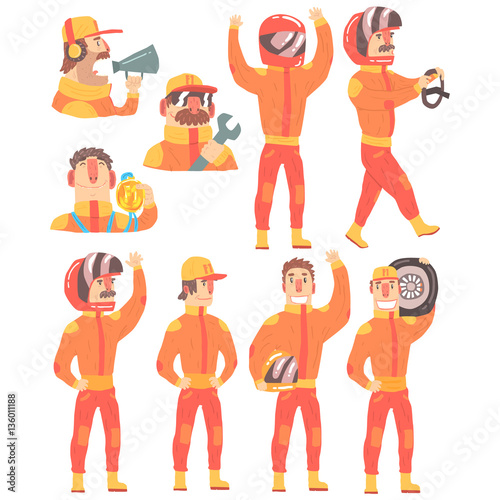 Racing Team Members In Orange Uniform Including Driver and Pit Stop Technicians Team Set of Cartoon Characters.