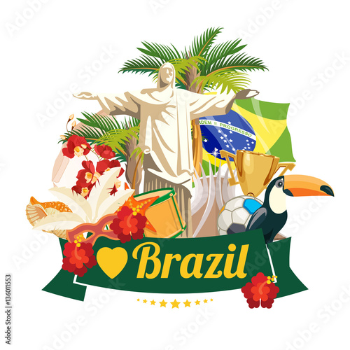 Vector travel poster of Brazil with colorful modern design, brazilian landscape and monuments. Rio de Janeiro advertising card with statue of Jesus. Carnival of Samba. Brazilian football symbols