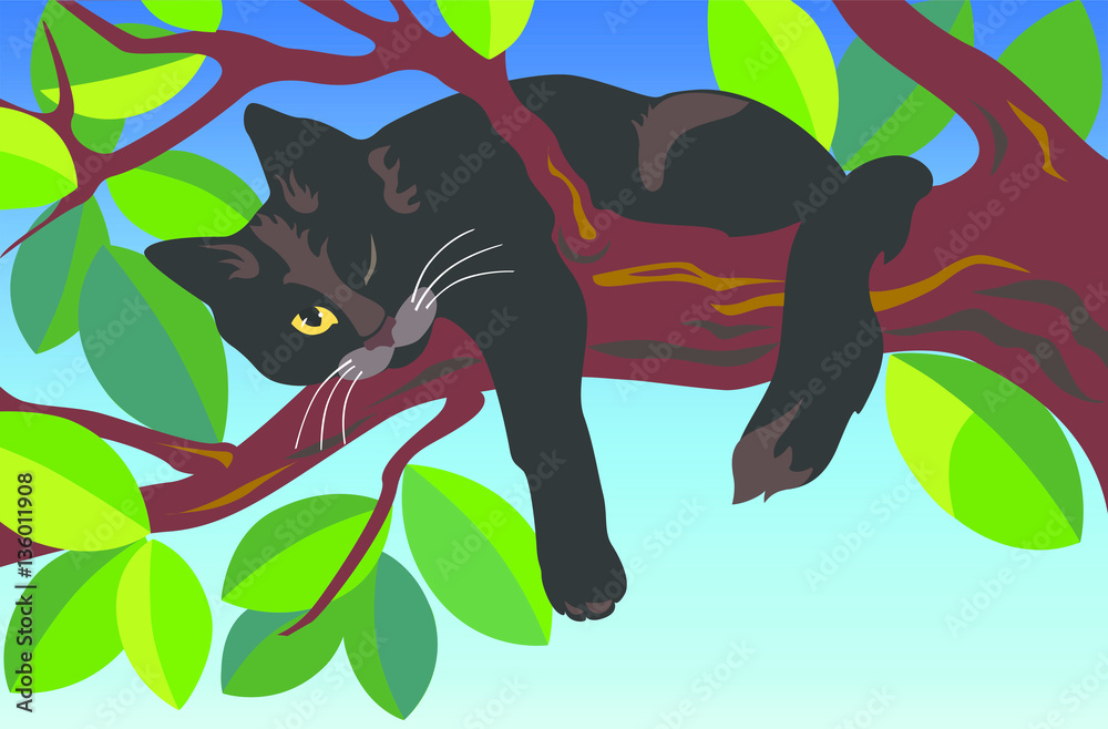Fototapeta Lazy black cat lying on a tree branch. Illustration